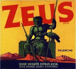 Olive Zeus Greek God Mythology Orange Citrus Fruit Crate Label Art Print - Picture 1 of 1