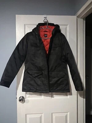 GAP Women’s Medium Black Orange Hooded Snorkel Parka Jacket Removable Fur - Image 1 of 4