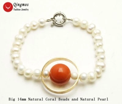 6-7mm Round Natural White Pearl Bracelet for Women l with Orange Coral Bracelet - Image 1 of 4