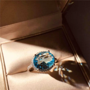 3.10 CT Oval Cut Blue Aquamarine & Round White CZ Anniversary Ring In 935 Silver - Picture 1 of 5