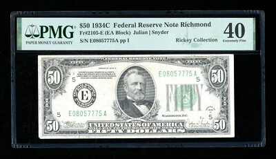DBR 1934-C $50 FRN Richmond Fr. 2105-E PMG XF-40 Serial E08057775A - Image 1 of 2