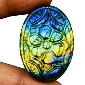 67.00 Cts Natural Carved Labradorit​e 40x28mm Oval Flashy Pendant Size Gemstone - Picture 1 of 9