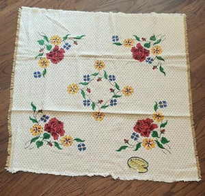 Vintage Handpainted Colorful Floral Tablecloth Topper, Fringed Diamond Weave  - Picture 1 of 6