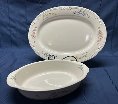 Plato floral y plato para hornear ovalado Pfaltzgraff MEADOW LANE ~ Juego de 2 ~ Excelente Foto 1 de 4