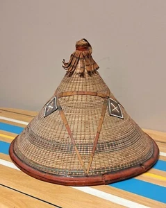 Authentic African Tribal Hat Leather & Straw Fulani Hat Mali West Africa Vintage - Picture 1 of 14