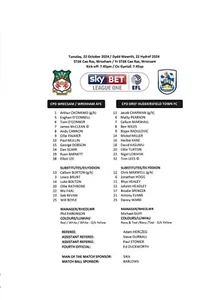 22/10/2024 WREXHAM V HUDDERSFIELD TOWN OFFICIAL COLOUR TEAMSHEET - Picture 1 of 1