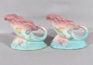 Hull Pottery Pink/Green Bow Knot Cornucopia Candlesticks 4" Tall - Picture 1 of 9