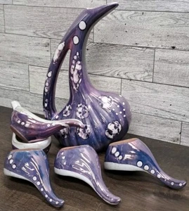 Vtg Albania Art Ceramic Liqueur Purple Iridescent Decanter Set 5 cups Hand Made - Picture 1 of 24