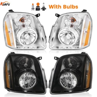 For 07-14 GMC Yukon XL 1500 Denali Headlight Lamps Chrome / Black Amber Corner Foto 1 de 4