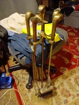 Juego de herramientas de chimenea con cabeza de pato de latón de colección años 70 Mallard 4 herramientas + soporte MCM Foto 1 de 4