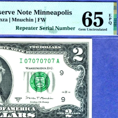 # 07070707 ULTIMATE SUPER REPEATER serial number PMG 65 EPQ 2017A $2 - Image 1 of 3