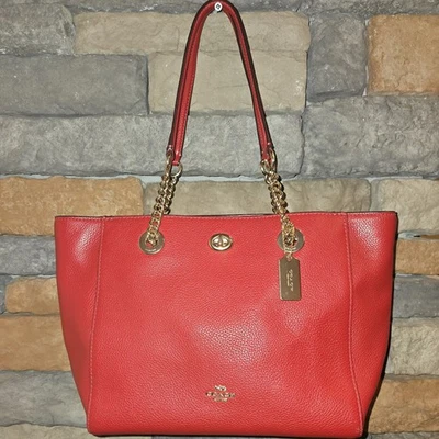 Bolso de Mano COACH 57107 Turnlock Cadena Correa 27 Cuero Guijarro Rojo Bolso de Hombro Cartera Foto 1 de 4