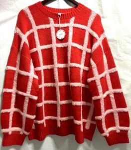 ODDI 1X/2X Red Pink Grid Check Textured Knit Pullover Sweater Cozy Soft  NALCN - Picture 1 of 13