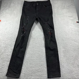 Pantalones de mezclilla MNML para hombre 36x33 negros ajustados distress rasgaduras artista grunge acento rojo - Imagen 1 de 11