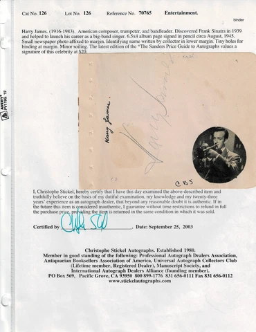 Harry James signed 4x6 autograph on on Abum Page Paper with COA Cover
