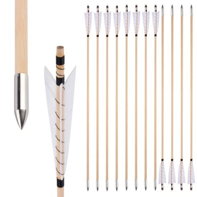 32" Wooden Arrow Turkey Feather Archery Longbow Recurve Traditional Bow Hunting - Image 1 of 4