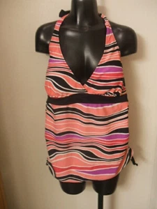 Jaclyn Smith Halter Tankini Swim Top Sz 18 NWT New Pink Black Stripes Ruched Tie - Picture 1 of 12