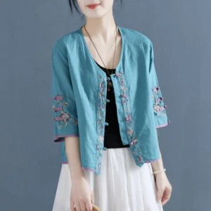 Chinese Ethnic Tops Embroidery Shirt Cotton Tea Clothes Button Cardigan Blouse - Picture 1 of 17