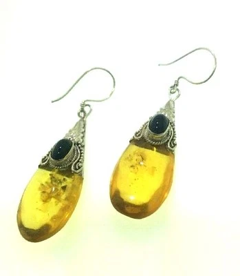 Sterling Silver AMBER DROP Loose Glass Teardrop Earrings 1/2ct Oval Black ONYX - Image 1 of 4