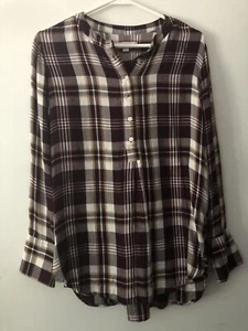 loft small purple gold plaid half button up shirt 99% rayon - Picture 1 of 8