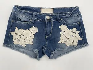 Almost Famous Womens Size 3 Blue Cut Off Shorts Medium Wash Stretch White Lace - Picture 1 of 6