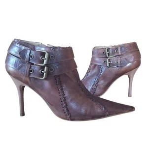 Vtg Carlos Santana Whipstitch Leather Dual Buckle Moto Pointy Ankle Booties 9 - Picture 1 of 12