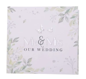WEDDING PHOTO ALBUM Mr & Mrs bride groom pockets details 4x6 pages guest book - Picture 1 of 3