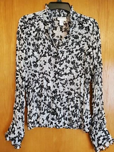 Worthington Womens Top Size Large Plants Print with Ruffle Neck Button Up - Picture 1 of 3