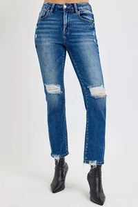 Risen High Rise Distressed Crop Straight Jeans - Picture 1 of 7