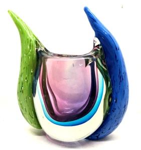 Art Glass Blown Vase Sculpture Purple Green Blue Clear HEAVY 8” HTF (G43) - Picture 1 of 9