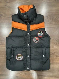 DON ED HARDY DOWN PUFFER VEST WOMENS ORANGE TIGER SKULL TATTOO BADGES XS NWOT - Picture 1 of 14