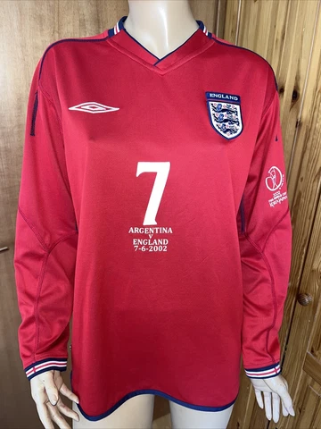 2002 WC BECKHAM #7 England Umbro LS Away Football Soccer Jersey Shirt sz M-L Cover