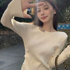 Korean Women Solid Round Neck Long Sleeve Slim Chic Irregular Drawstring Sweater