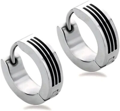 316L Surgical Steel Classic 3 Black Striped Enamel Men & Women Hoop Earrings - Image 1 of 4