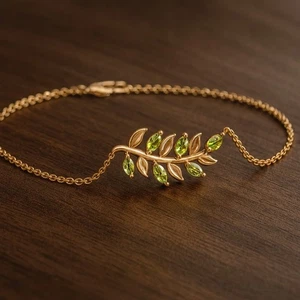 Elegant Leaf Peridot Bracelet in 14K Solid Gold – August Birthstone # 1004 - Picture 1 of 22