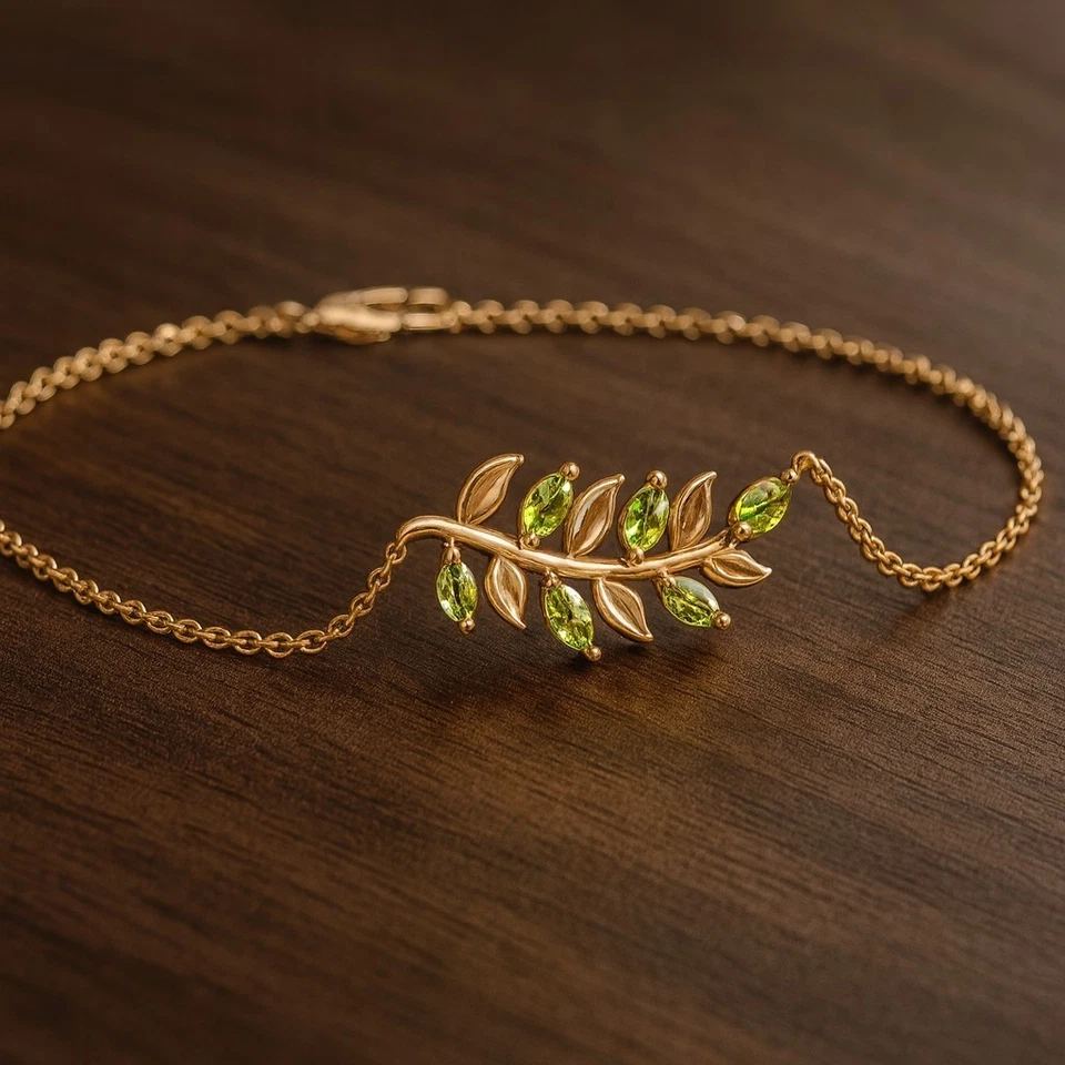 Elegant Leaf Peridot Bracelet in 14K Solid Gold – August Birthstone # 1004 - Image 1 of 1
