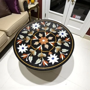 24" decorative sofa tabletop floral black marble inlay stone liv room decor - Picture 1 of 10