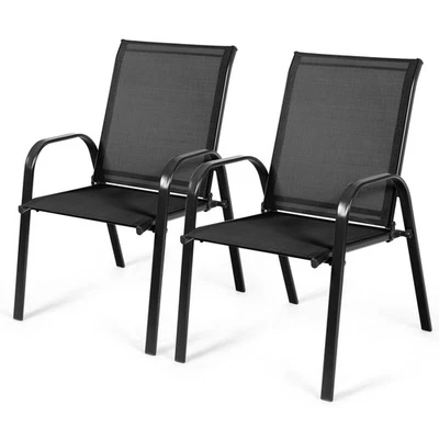 Set of 2 Patio Chairs Dining Chairs w/ Steel Frame Yard Outdoor Black - Image 1 of 4