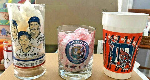3 1984 Little Caesar's Detroit Tigers Tumbler Glass Trammell Glass Highball Beer Cover