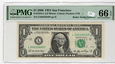 $1 2006 FRN Fr# 1933-L LP Block PMG UNC 66 EPQ San Francisco Radar Serial - Image 1 of 2
