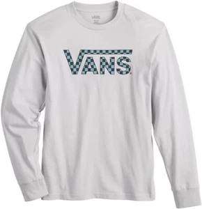 Vans Boys Cotton Long Sleeve T-Shirt Sliver Grey/Turquois Checker Logo Large NWT - Picture 1 of 2