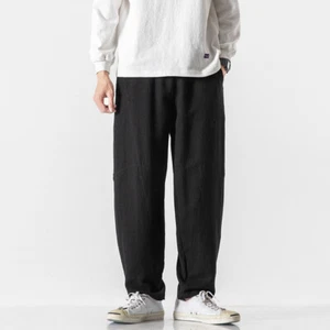 Men Linen Blend Harem Pants Straight Leg Trousers Elastic Waist Casual Plain - Picture 1 of 16