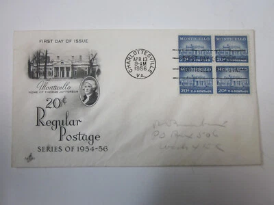 US COVER 1956 MONTICELLO FDC SCOTT 1047 X 4 ART CRAFT CACHET - Image 1 of 3