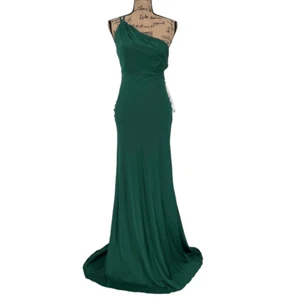 NWOT Ieena For MacDuggal One Shoulder Double Strap Satin Gown Emerald Green 4 - Picture 1 of 10