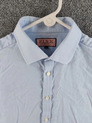 Camisa Thomas Rosa Hombres 17-35 Sarga Azul Manga Larga Puño Francés Abotonada Rayas Foto 1 de 4