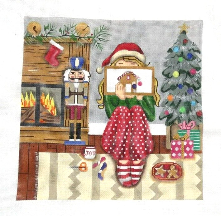 Gayla Elliott Christmas Stitching Girl Handpainted Needlepoint Canvas - Image 1 of 1