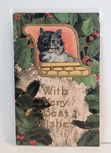 Antike 1911 Weihnachts Postkarte KATZENKARTE BESTE WÜNSCHE Postkarte Kätzchen Katze Deutschland - Bild 1 von 8