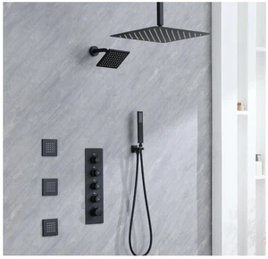 Thermostatic Shower System with 4-Inch Body Jets, Matte Black Dual Shower Heads - Picture 1 of 8