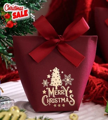 Christmas Text Tree RED AND GOLD Gift Bag with Ribbon Elegant Design Gift Boxes
