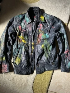 Diesel Leather Jacket Racing Zip Coat Stripes Dark Blue Super Rare. X-Large - Picture 1 of 17